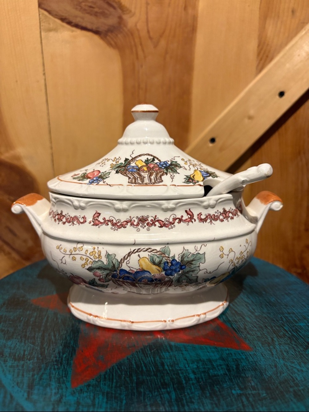 White Ceramic Gravy Bowel with Floral Fruit Basket Motif and Ladle